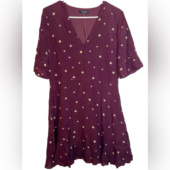 NWT MADEWELL 100% SILK Vneck Short Sleeve Flutter Hem Lined Dress Stars 12 - Picture 2 of 15
